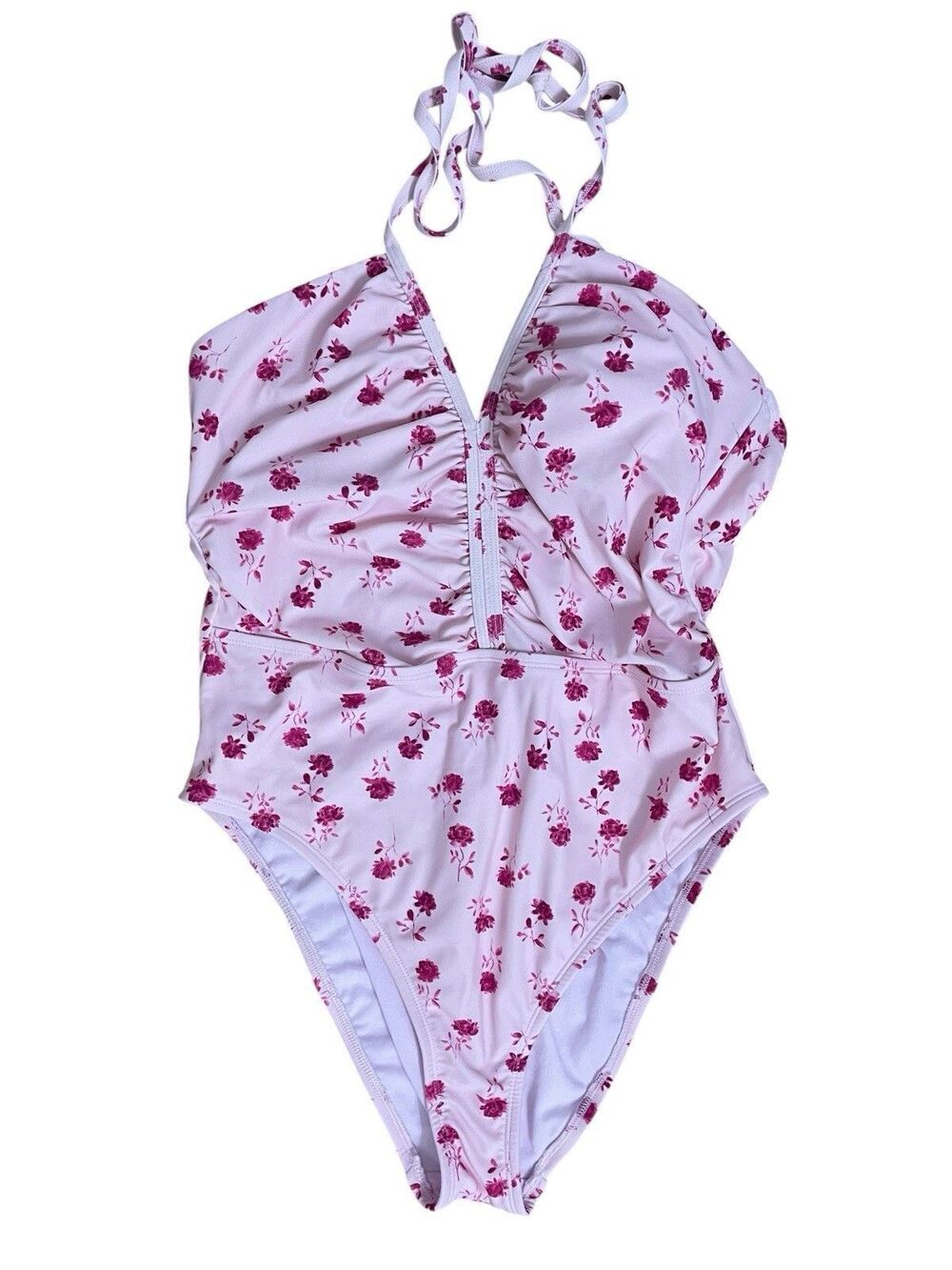Womens One Piece Swimsuit Floral Halter Ruched Pink Purple Medium M
